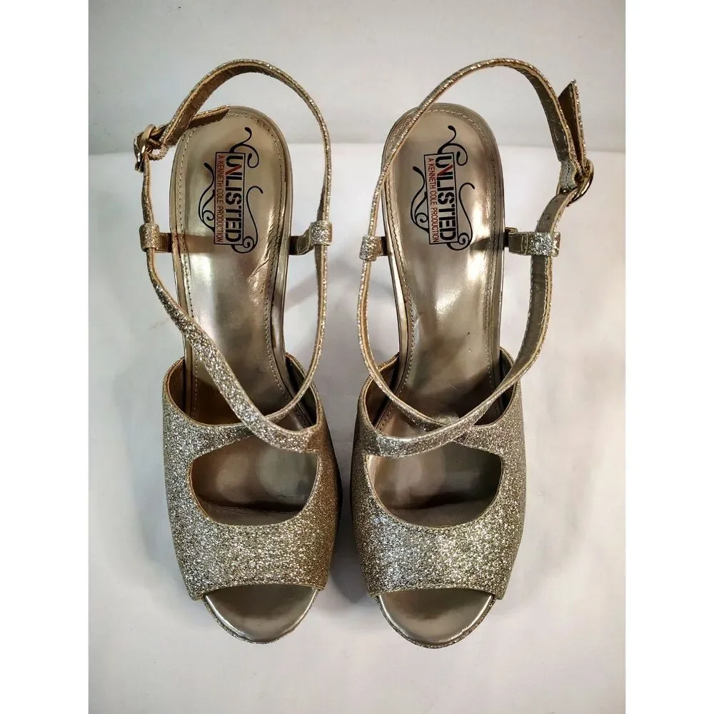 Unlisted Kenneth Cole Glitter Platform Heels Gold Peep Toe Shoes Womens 9.5